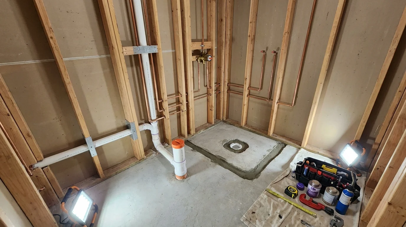 Bathroom rough-in plumbing during remodel by Johns Plumbing LLC in Tobaccoville