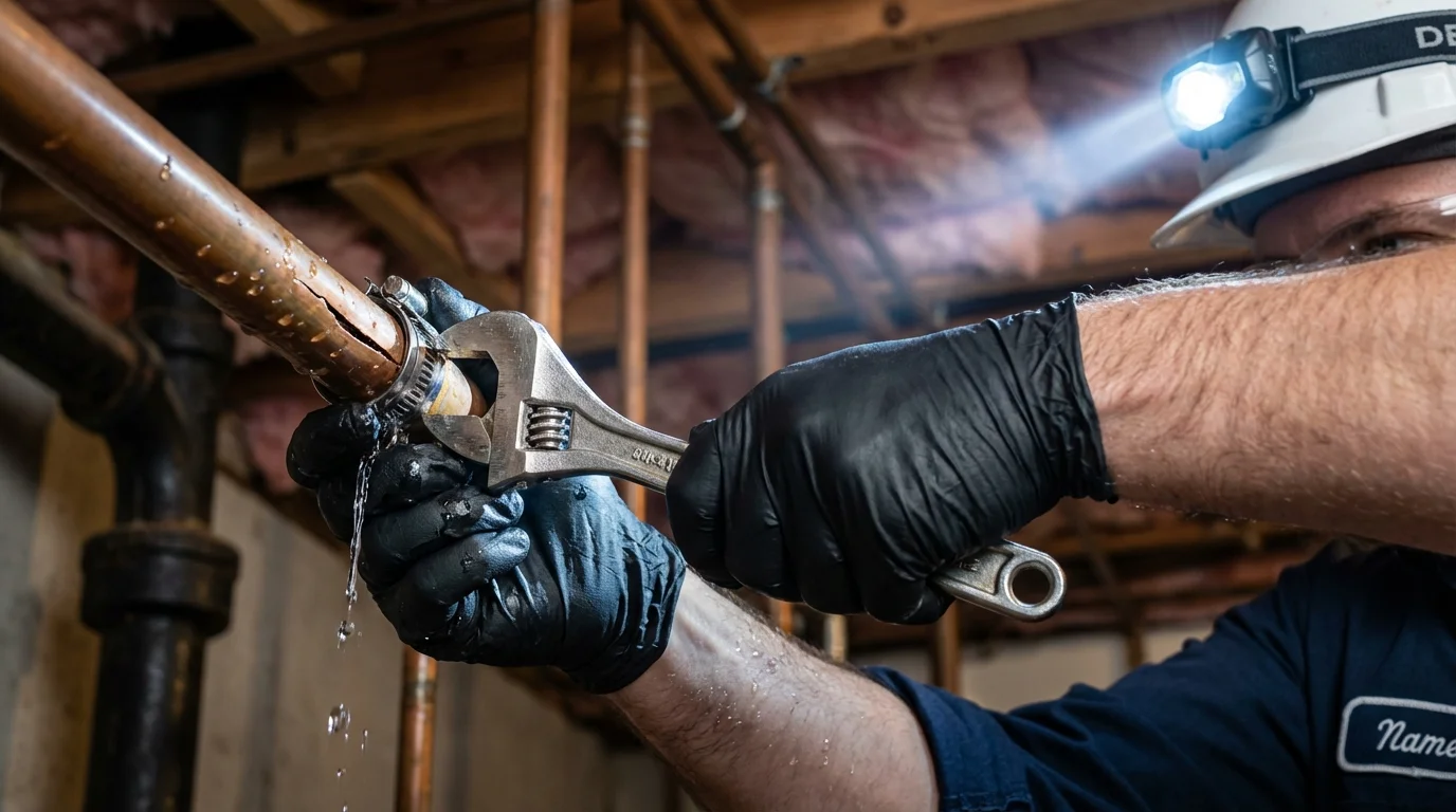 Emergency pipe clamp repair being performed by a Johns Plumbing LLC plumber in Tobaccoville