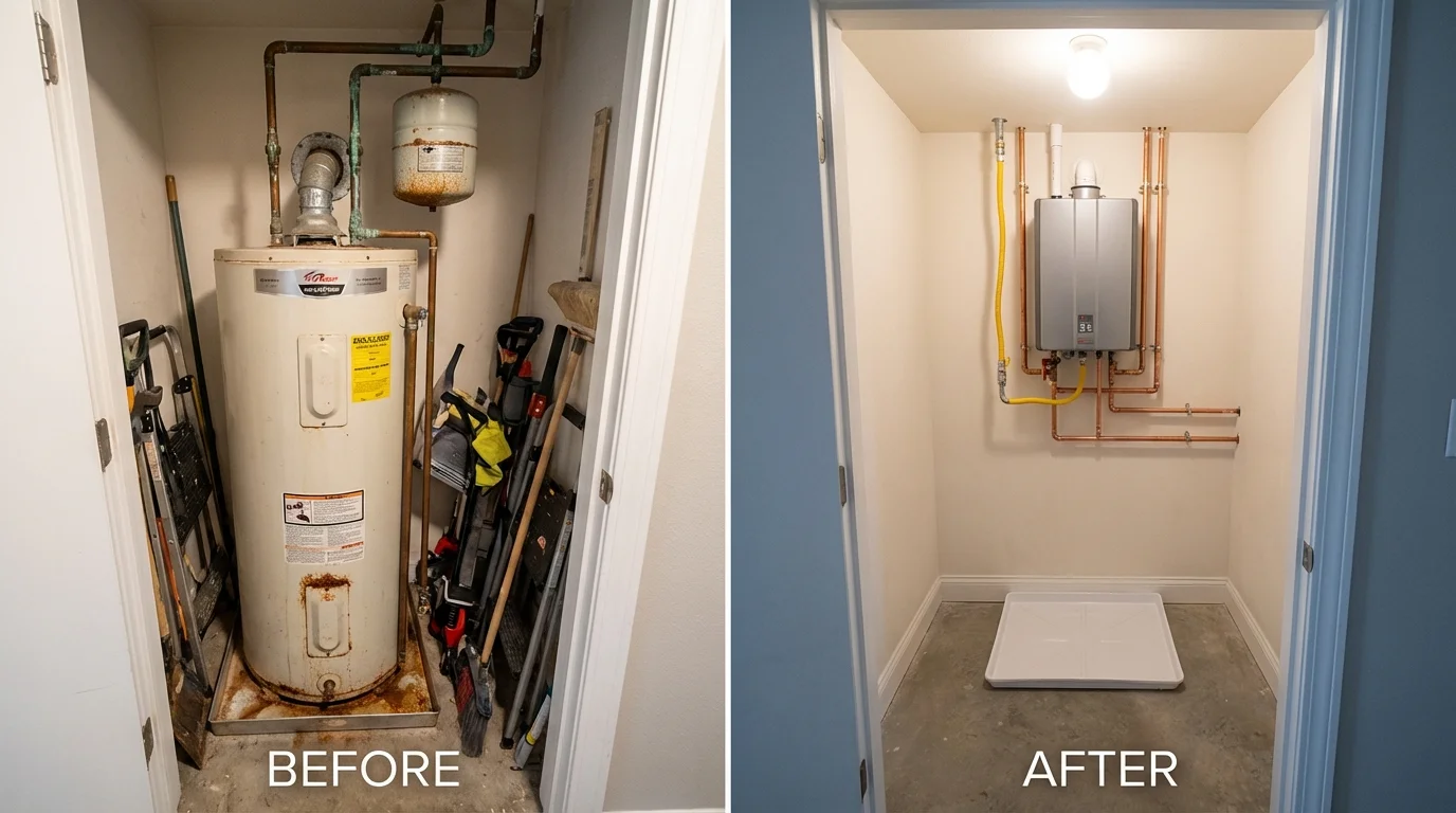 Tank water heater versus wall-mounted tankless unit comparison for Tobaccoville, NC homeowners