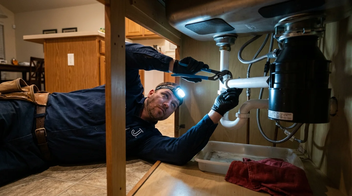 P-trap and supply line connections under a kitchen sink showing a common leak point in Tobaccoville, NC